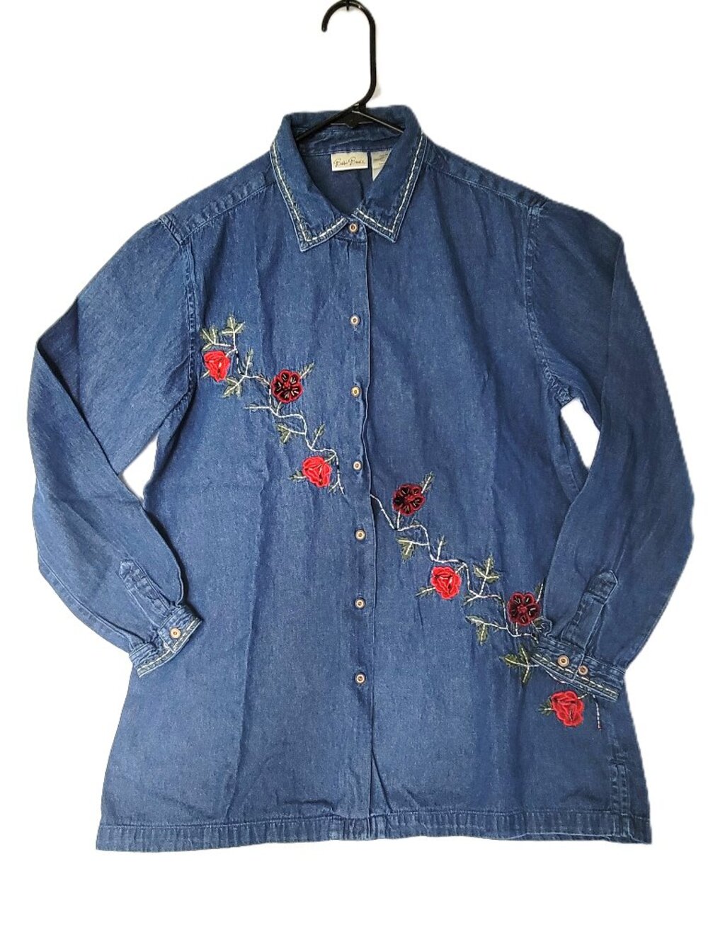 Bobbie Brooks Denim Shirt Women's Medium M Floral Embroidered Roses Western Blue